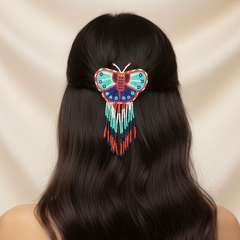 Butterfly Beaded Barrettes with Fringes Turquoise & Blue-1
