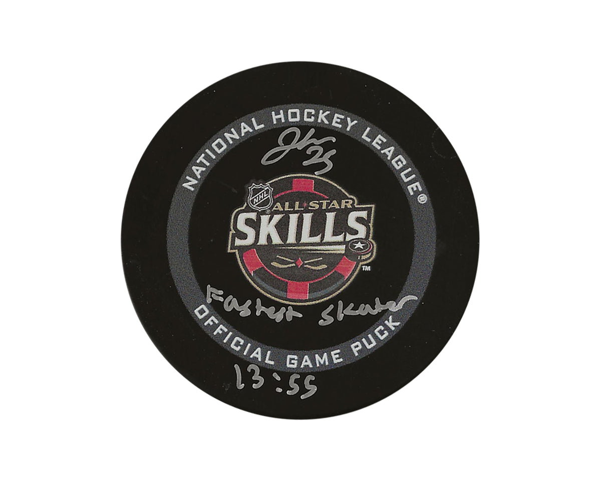 Jordan Kyrou Autographed 2022 All-Star Skills Competition Official Game Puck Inscribed "Fastest Skater 13:55"