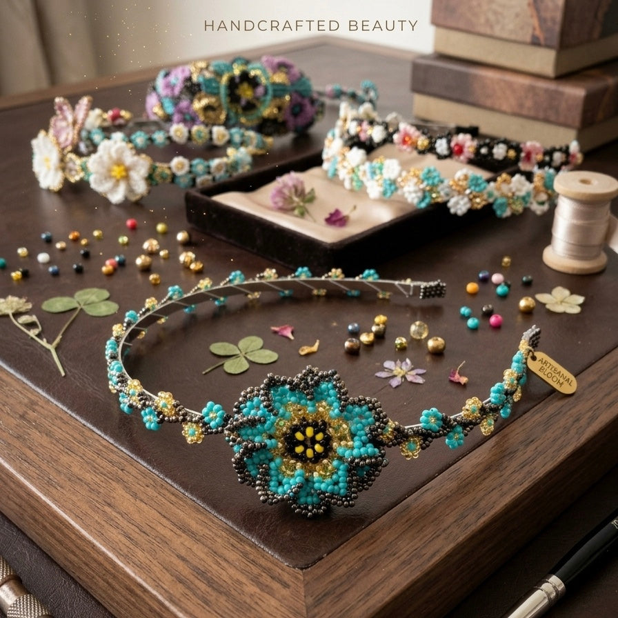 Beaded Headband with Flower Turquoise-7