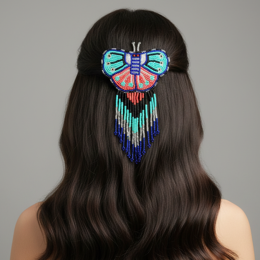 Butterfly Beaded Barrettes with Fringes Turquoise & Red-1