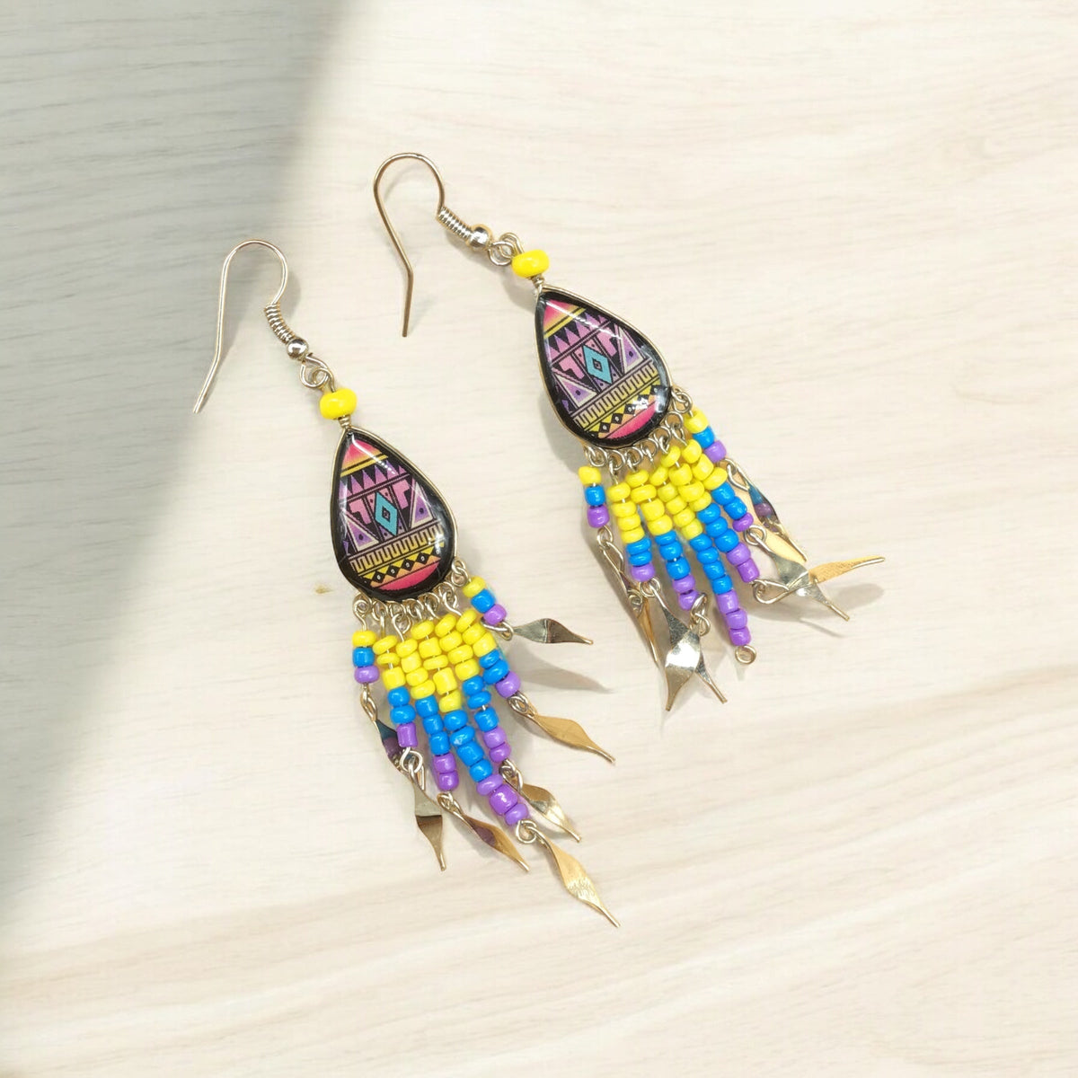 Small Sized Southwestern Purple and Yellow Teardrop Earrings-2