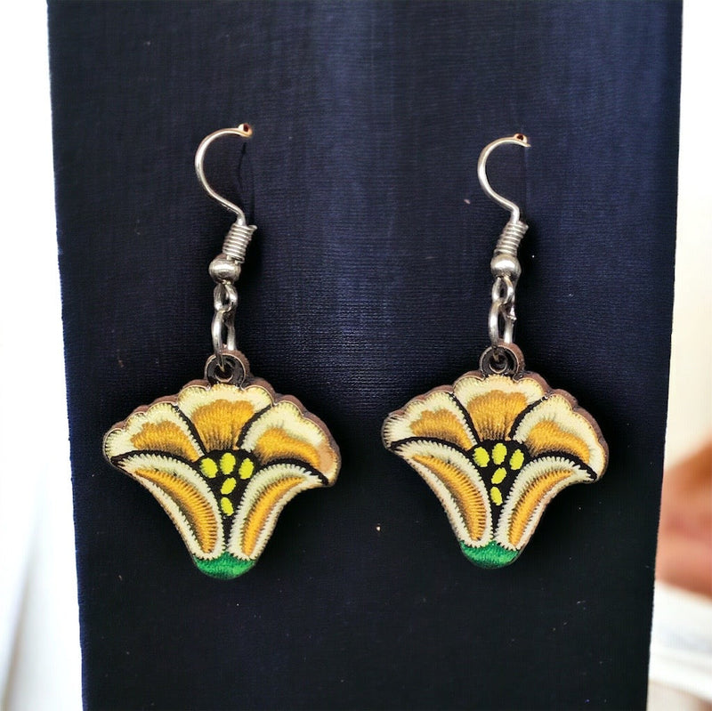 Painted Mustard Flower Wood Earrings-1