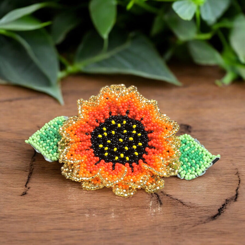 Handmade Beaded Sunflower Hair Clip-Red-2