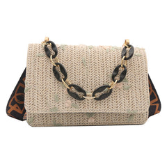 Women's Straw Small Square Crossbody Bag with Acrylic Chain-9