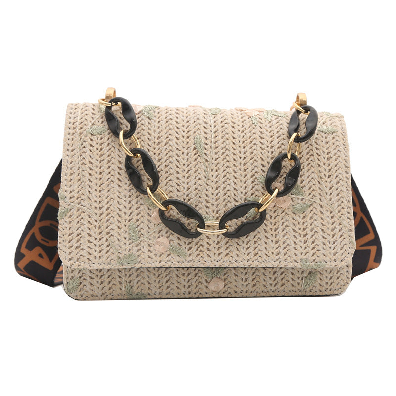 Women's Straw Small Square Crossbody Bag with Acrylic Chain-9