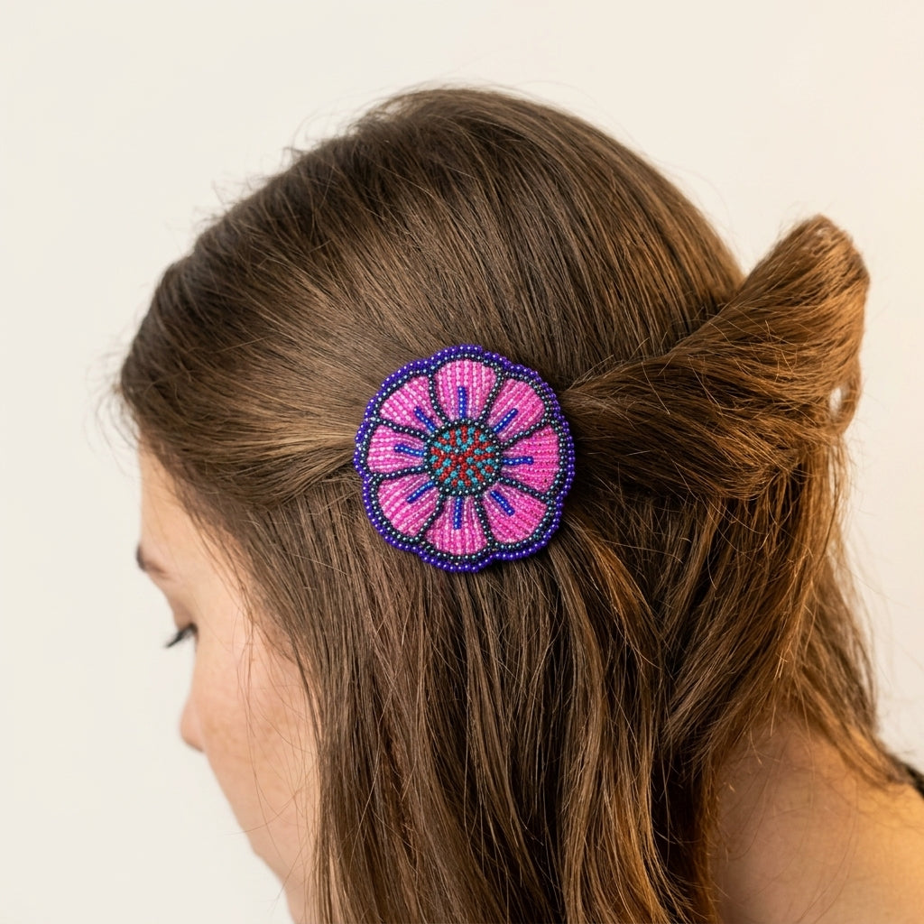 Pink/Purple Beaded Flower Barrette-4
