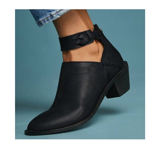 Women’s Leather Ankle Boots – Cut-Out Buckle Strap Booties with Back Zipper-7