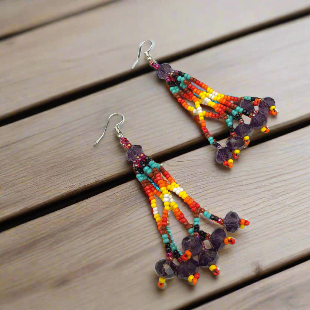 Purple Six-Strand Beaded Cascade Earrings-2