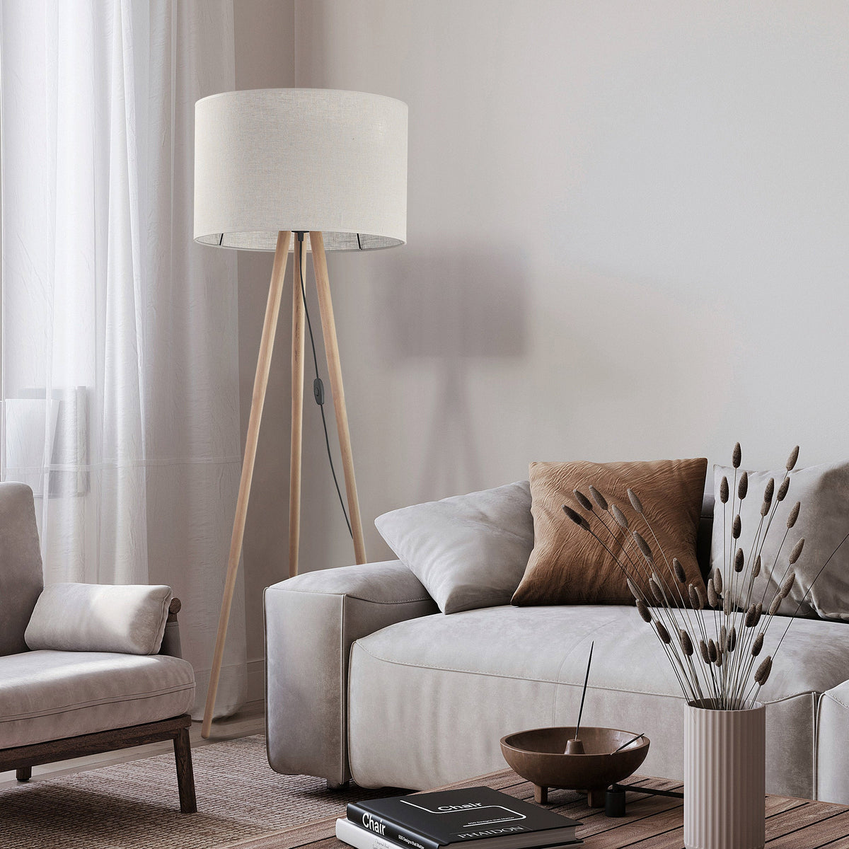 TOKYO Natural Linen & Wood Tripod Floor Lamp for Living Room, Bedroom & Reading Nook-1