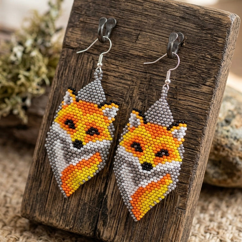 Fox Beaded Earrings (Grey)-1
