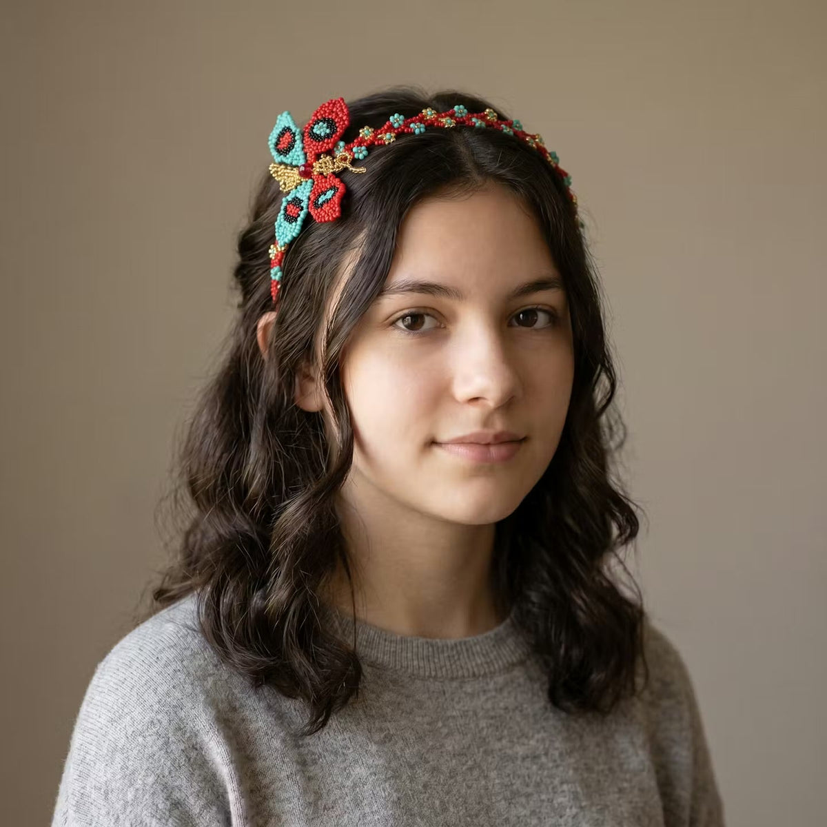 Beaded Headband with Butterfly Red-2