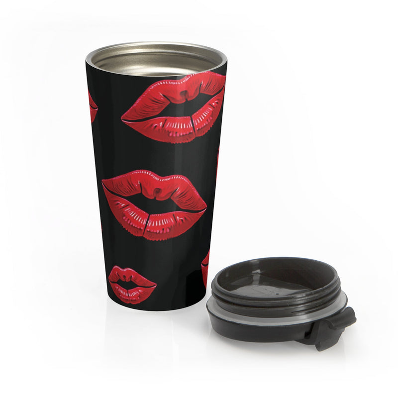 Red Lipstick Kiss Pattern Travel Mug | Black Stainless Steel-9