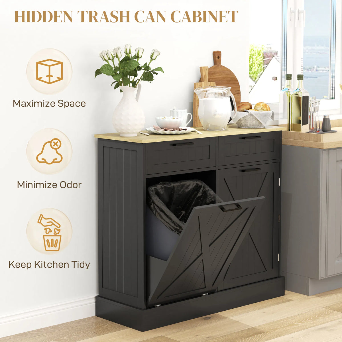 10-Gallon Tilt-Out Trash Cabinet – Hidden Garbage Bin Storage with 2 Drawers (United States & Canada Delivery Only)-6