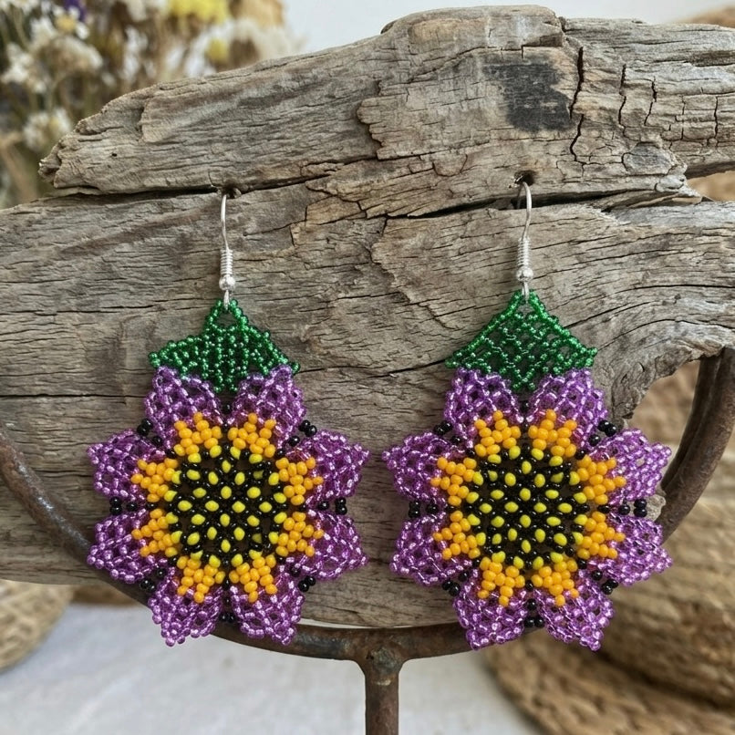 Sunflower Beaded Earrings (Purple)-2