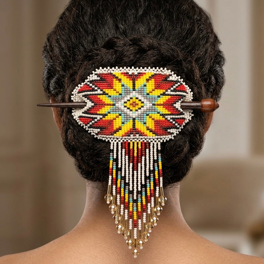 Wisdom Star Fringed Beaded Barrette & Wooden Stick-1