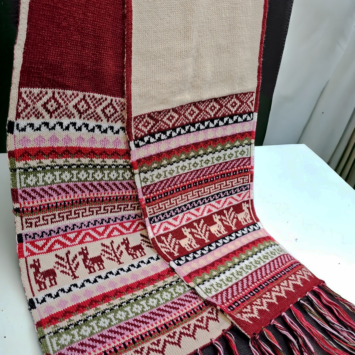 Burgundy and Beige Handmade Reversible Alpaca Scarf-1