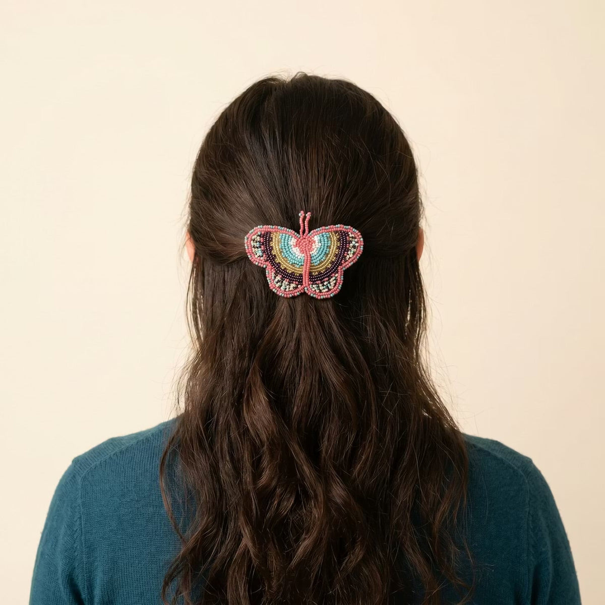 Peach Butterfly Beaded Barrette-5