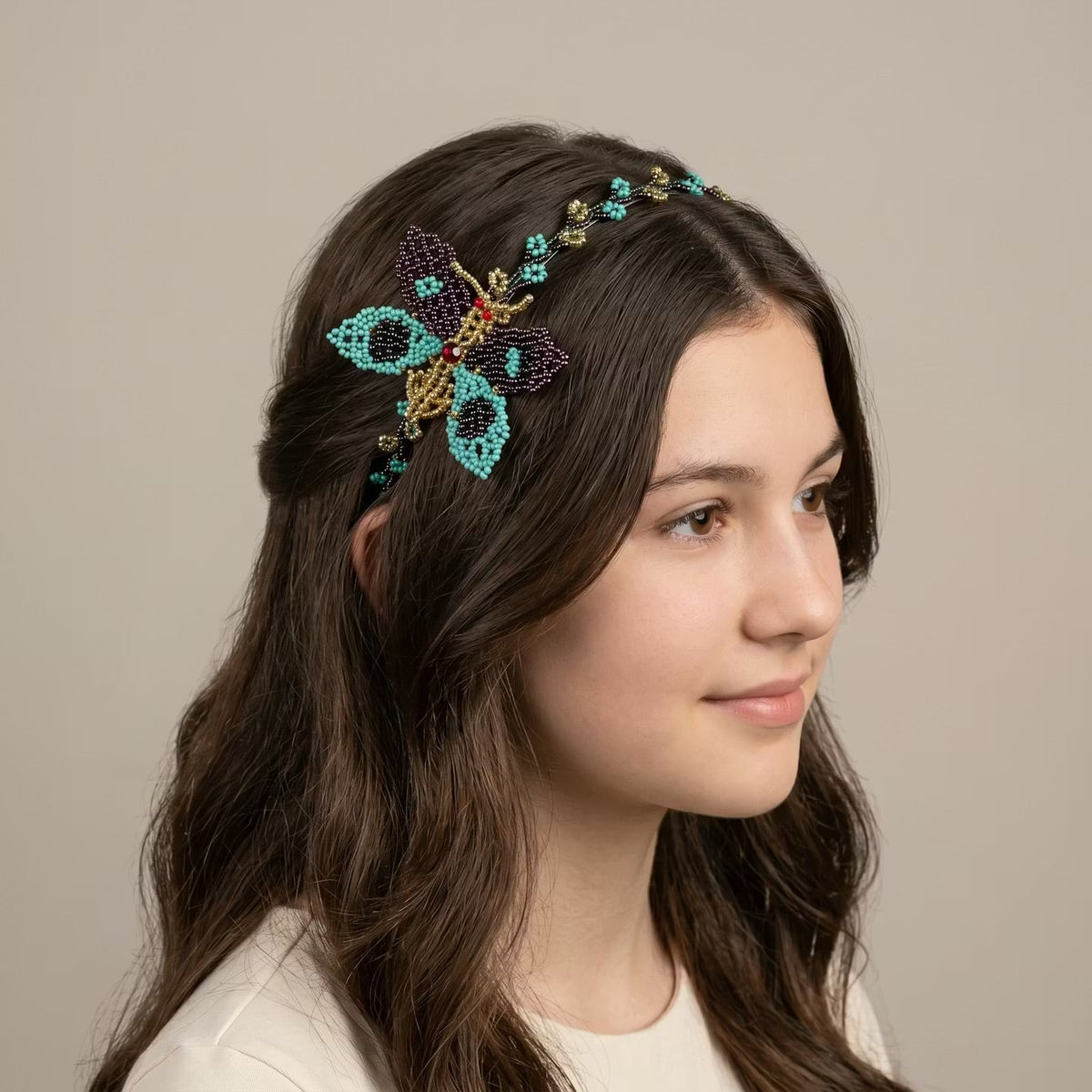 Beaded Headband with Butterfly Turquoise-5