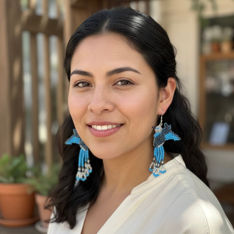 Handmade Beaded Hummingbird Earrings – Blue-1