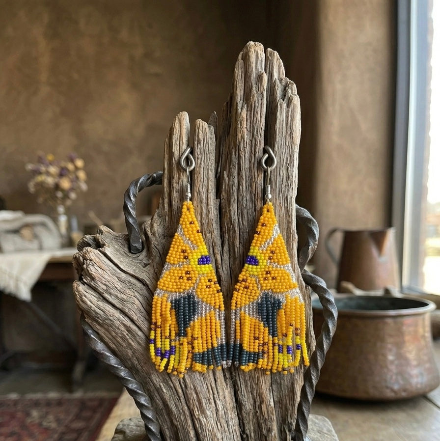 Flower Fringe Beaded Earrings (Mustard)-2