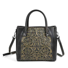 Single-shoulder Slanted-top Full-grain Leather Tote Bag With Leather Carving-2