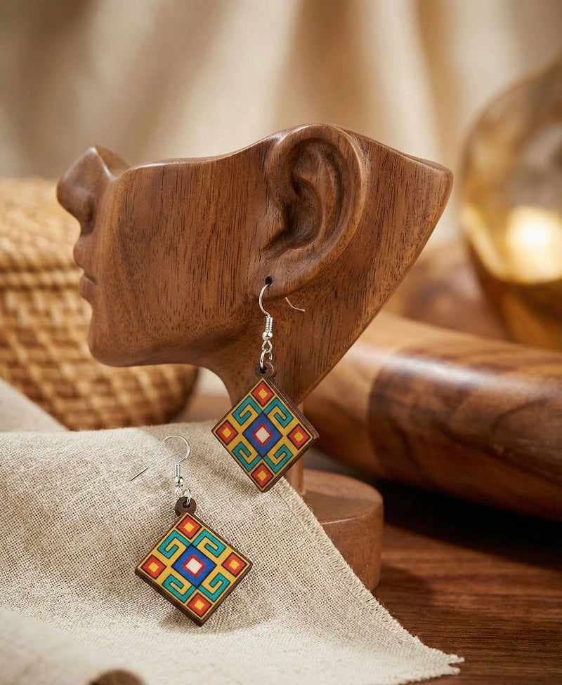 Painted blue and mustard Wood Earrings with Diamond shape-1