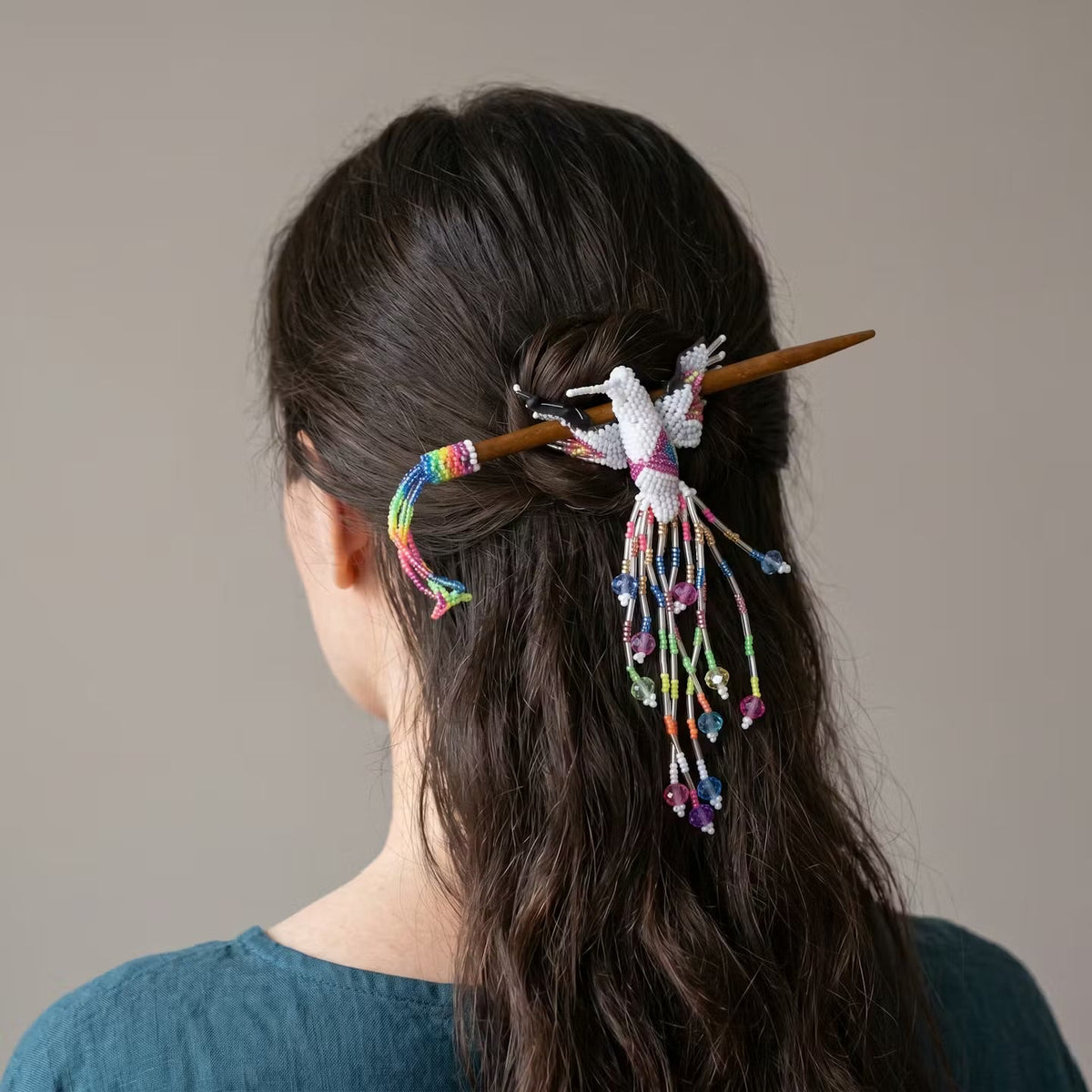 White Hummingbird Beaded Hair Stick-2