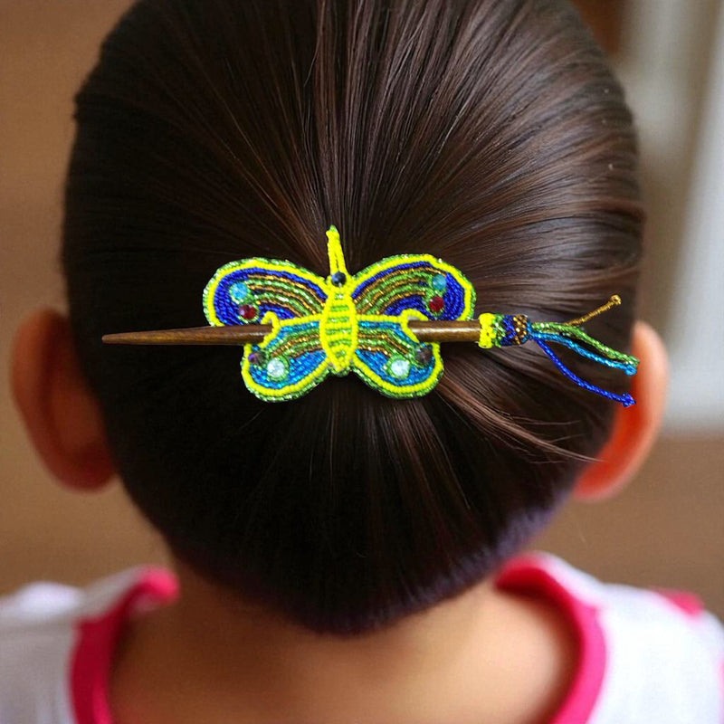 Yellow-Green Handmade Beaded Butterfly Barrete-1
