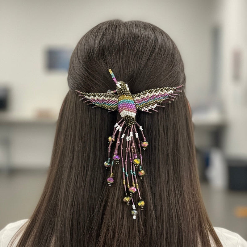 Purple / white Hummingbird Barrette with Fringes-1