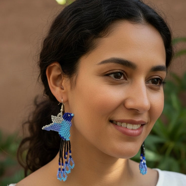 Handmade Beaded Hummingbird Earrings – Turquoise & Black