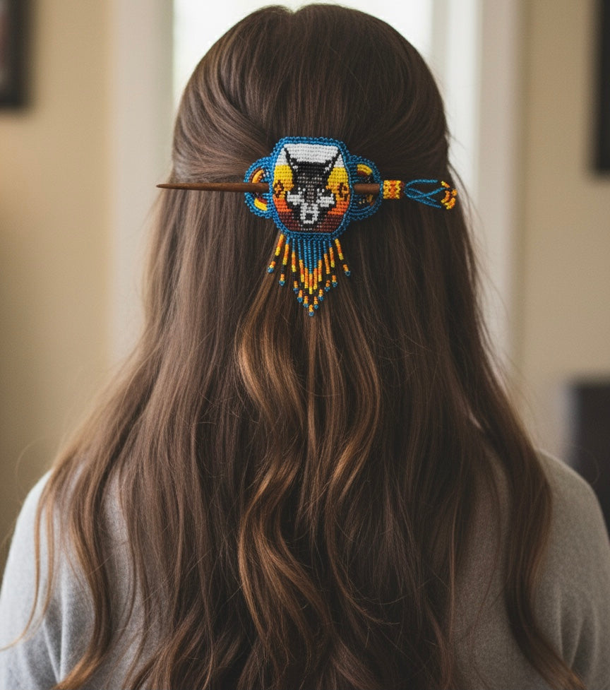 Wolf Fringed Beaded Barrette & Wooden Stick-7