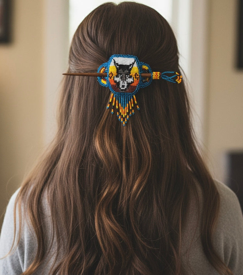 Wolf Fringed Beaded Barrette & Wooden Stick-7