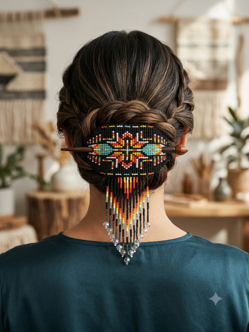 Feathers Fringed Beaded Barrette & Wooden Stick-3
