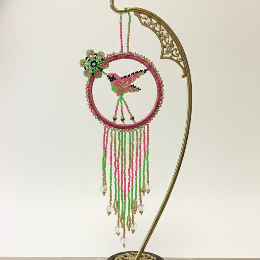 Pink and Green Native Beaded Hummingbird-1
