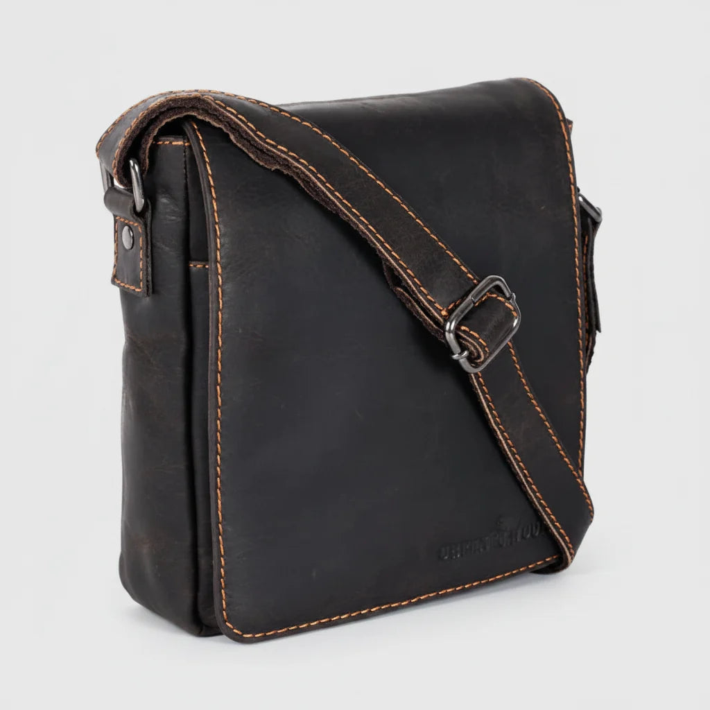 Greenwood Leather Mini-Messenger Bag. Wax Pull-Up Leather Flap Over Bag-7
