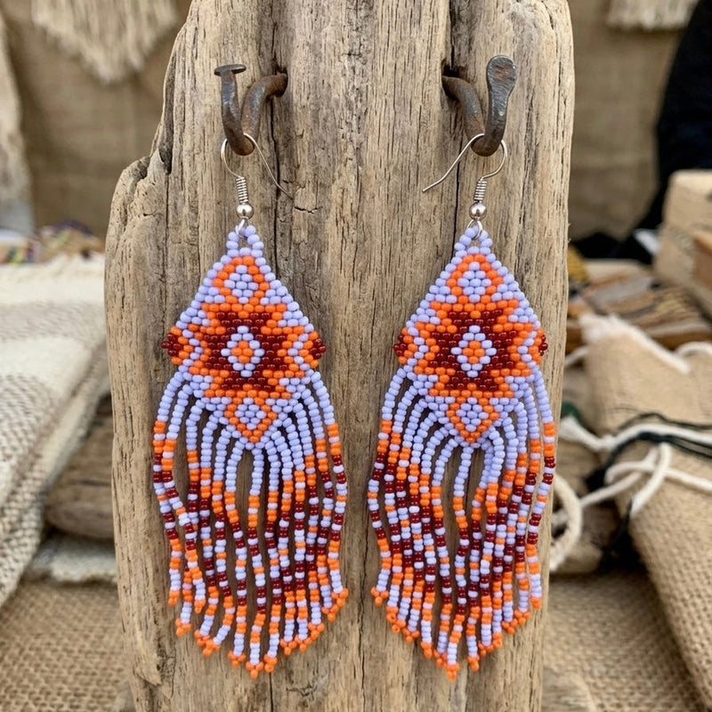Fringe Bead Drop Earrings (Blue)-2