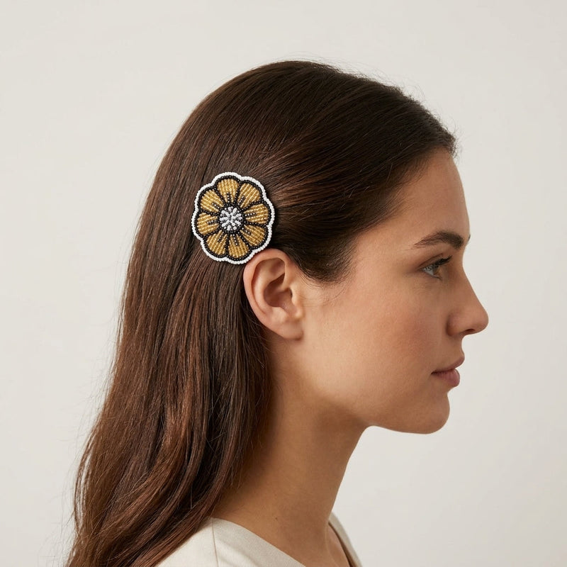 Golden Beaded Flower Barrette-1
