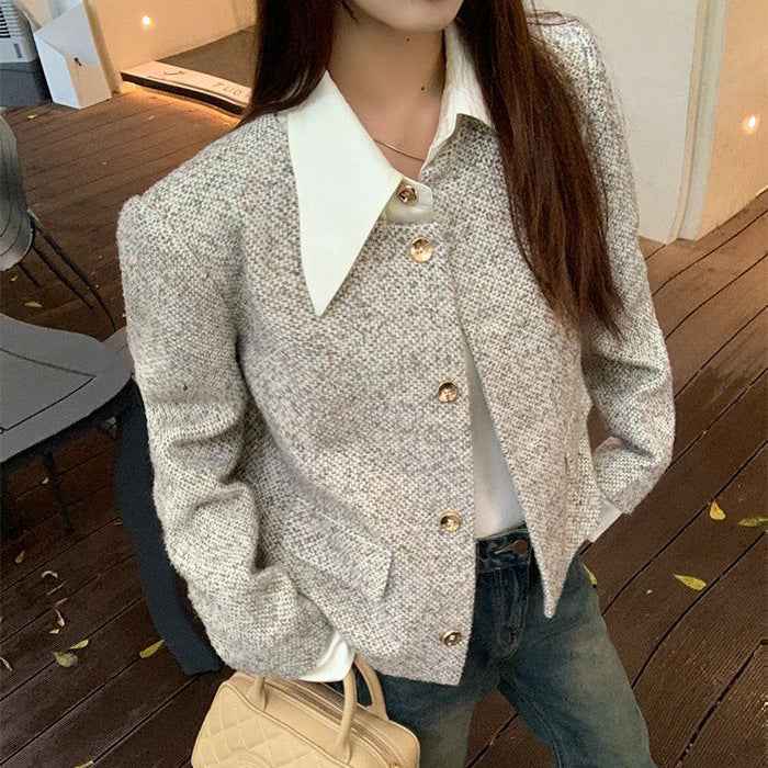Women's Trendy Vintage Tweed Button-Up Long-Sleeve Top-1
