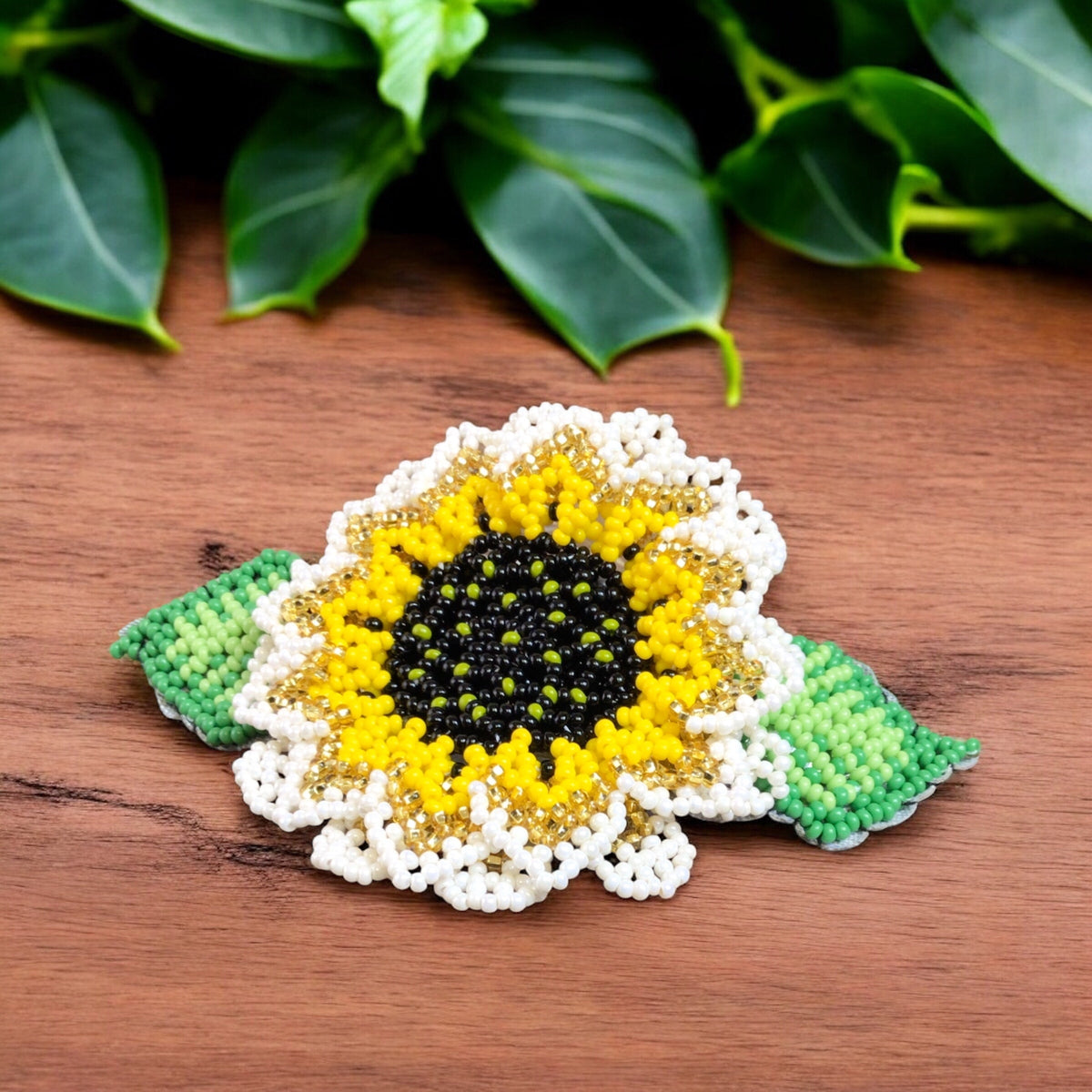 Handmade Beaded Sunflower Hair Clip- Bright Yellow-2