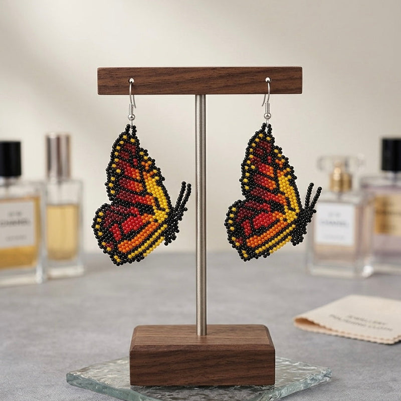 Brown Beaded Butterfly Wing Earrings-2