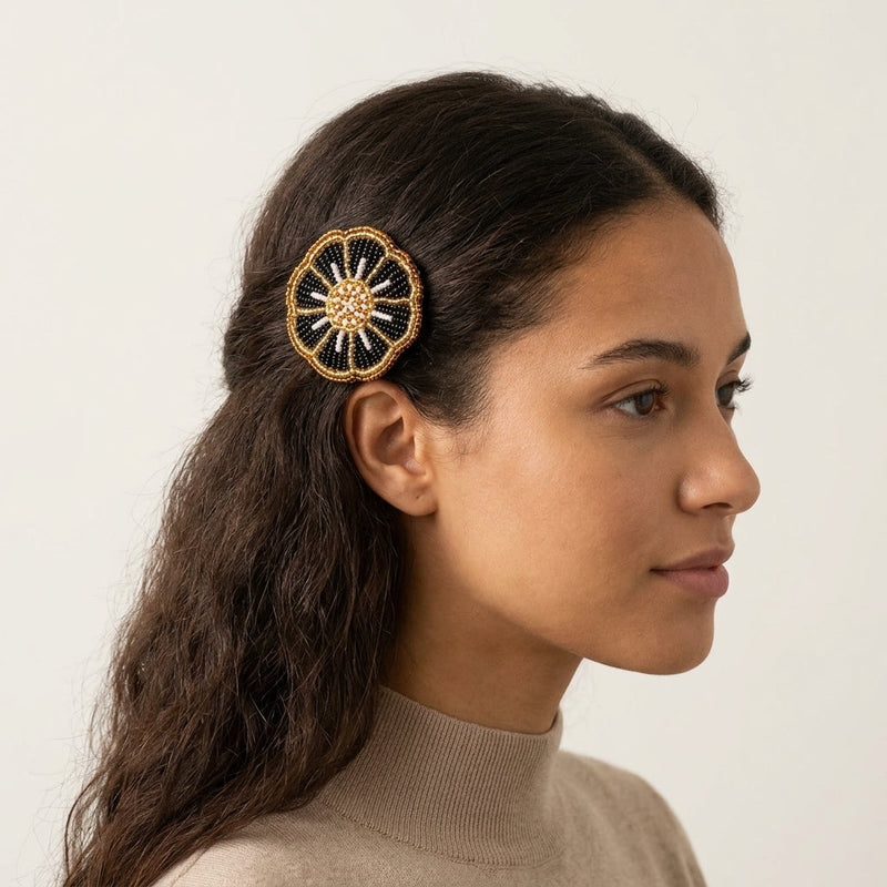 Golden Beaded Flower Barrette-5