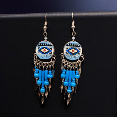 Blue Southwestern Round Shaped Dangle Earrings-1