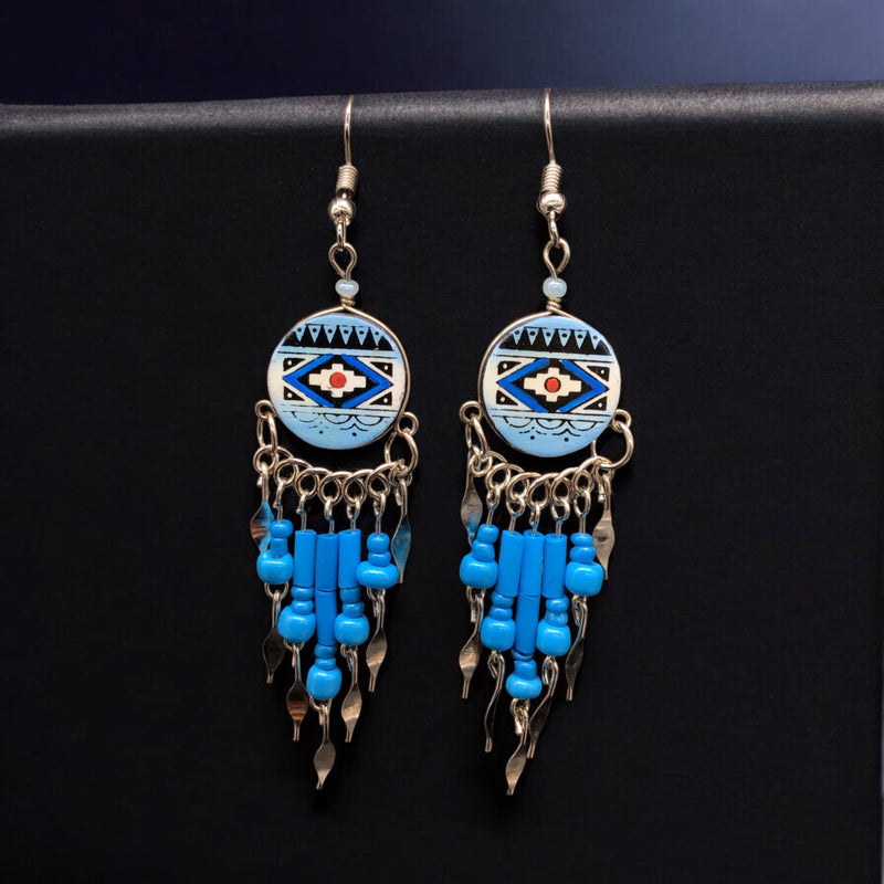 Blue Southwestern Round Shaped Dangle Earrings-1