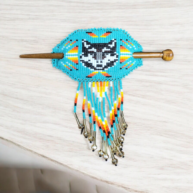 Wolf Fringed Beaded Barrette & Wooden Stick-2