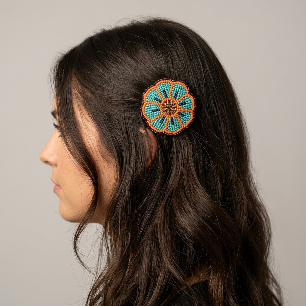 Turquoise Beaded Flower Barrette-4