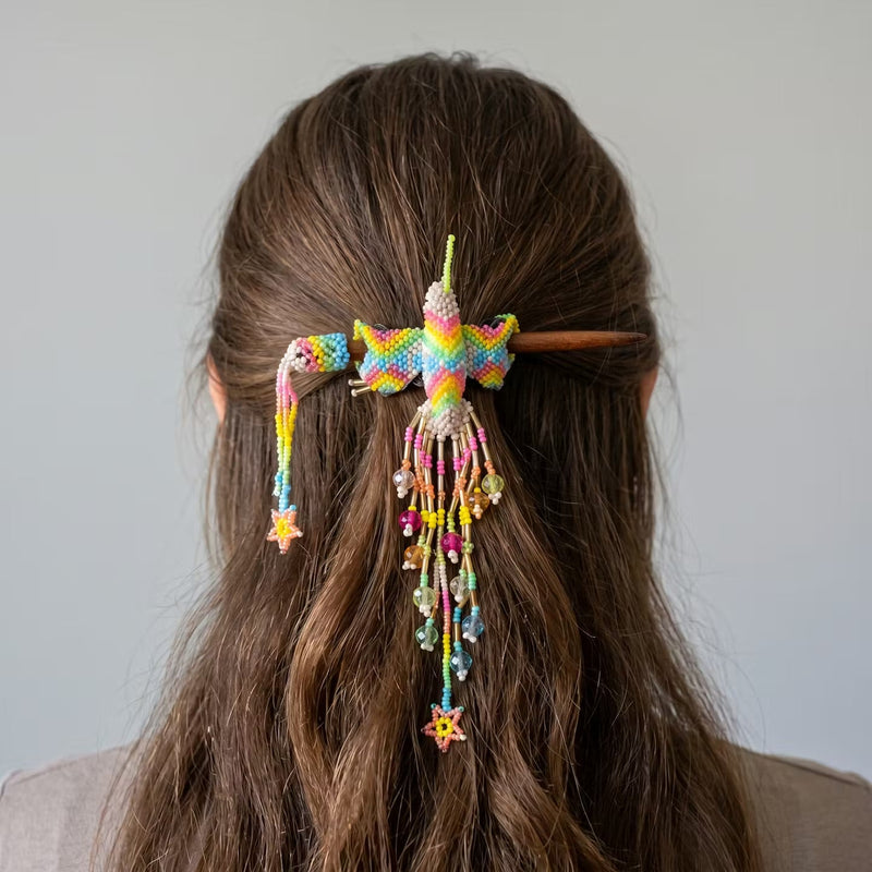 White Hummingbird Beaded Hair Stick-6