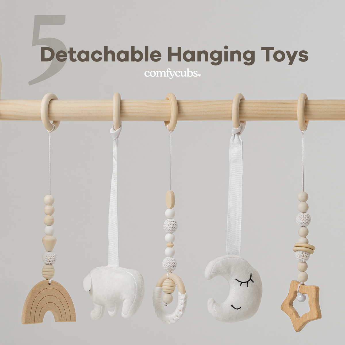 Comfy Cubs - Foldable Baby Play Gym with 5 Hanging Toys - Natural Wood - Ages 0–12 Months-3