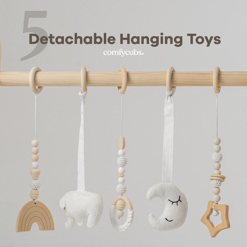 Comfy Cubs - Foldable Baby Play Gym with 5 Hanging Toys - Natural Wood - Ages 0–12 Months-3
