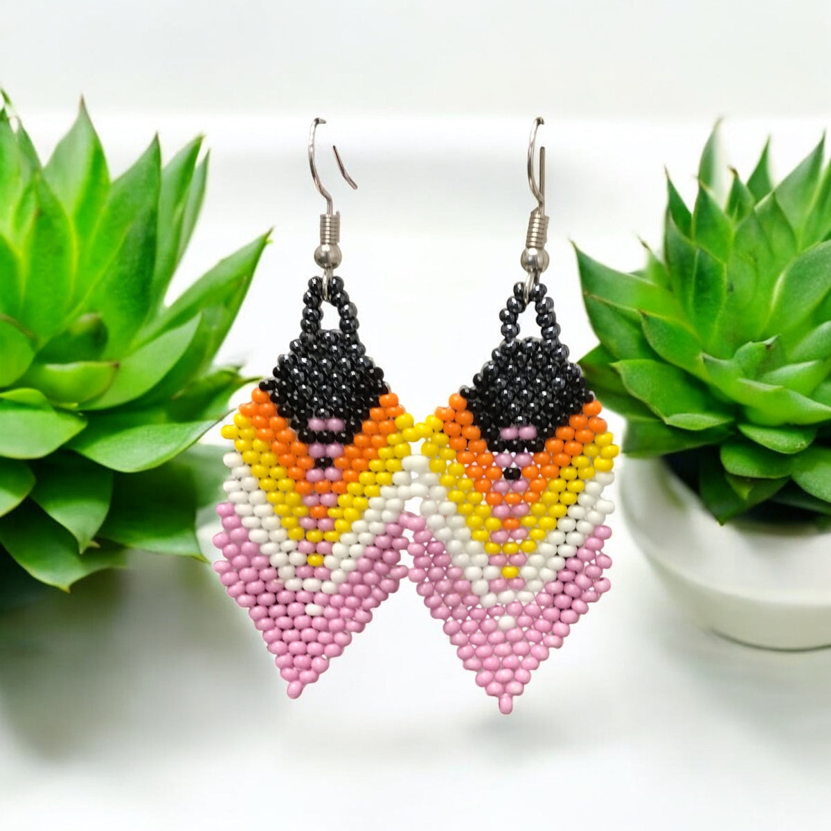 pink and black Beaded Feather Drop Earrings