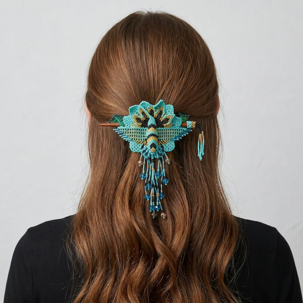 Maple Blossom Hummingbird Beaded Hair Stick Barrette Turquoise-1